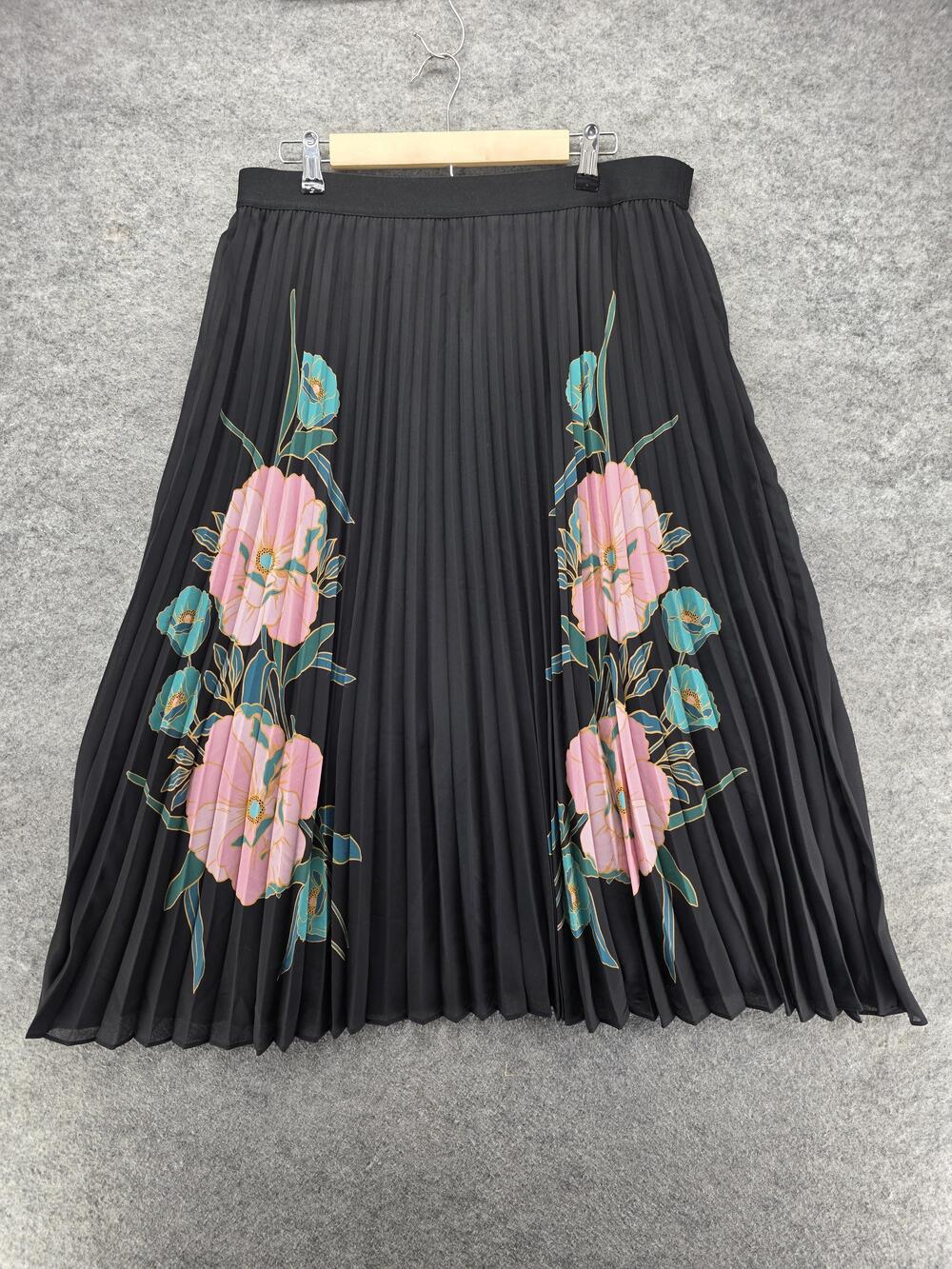 DR2 Skirt Womens XL Black Pleated Midi Floral Elastic Waist Lined Chiffon